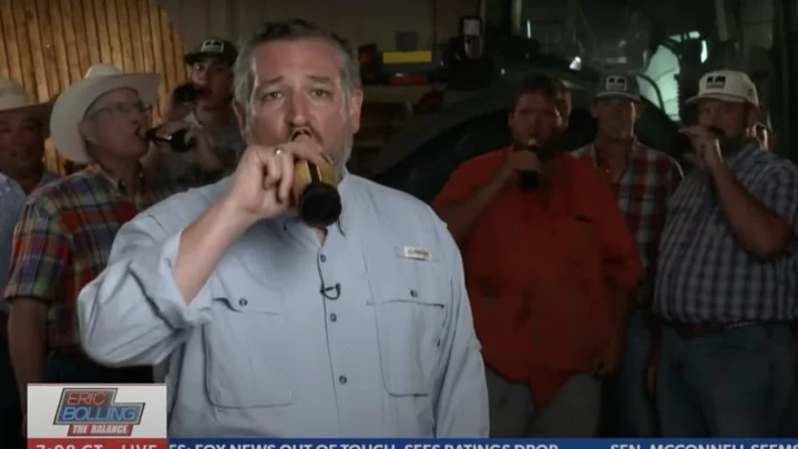 Ted Cruz Awkwardly Sips Beer in Front of 'Road House' Extras on Newsmax