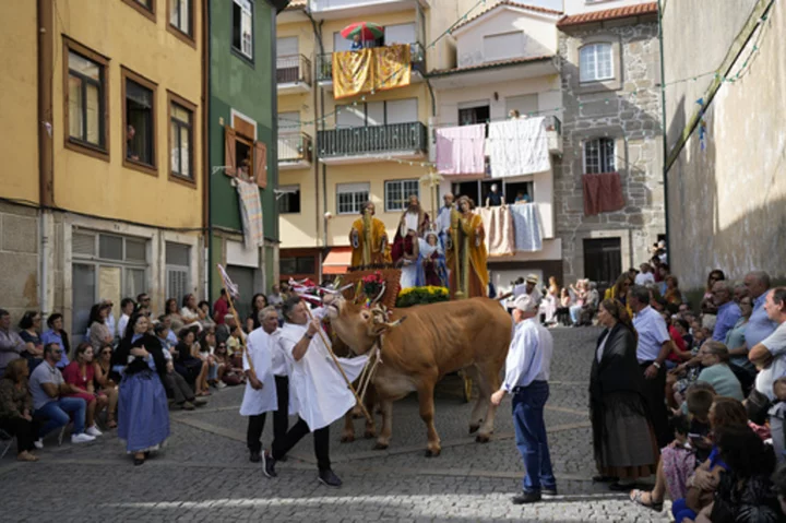 Ox-pulled floats with sacred images of Mary draw thousands to Portugal’s wine-country procession